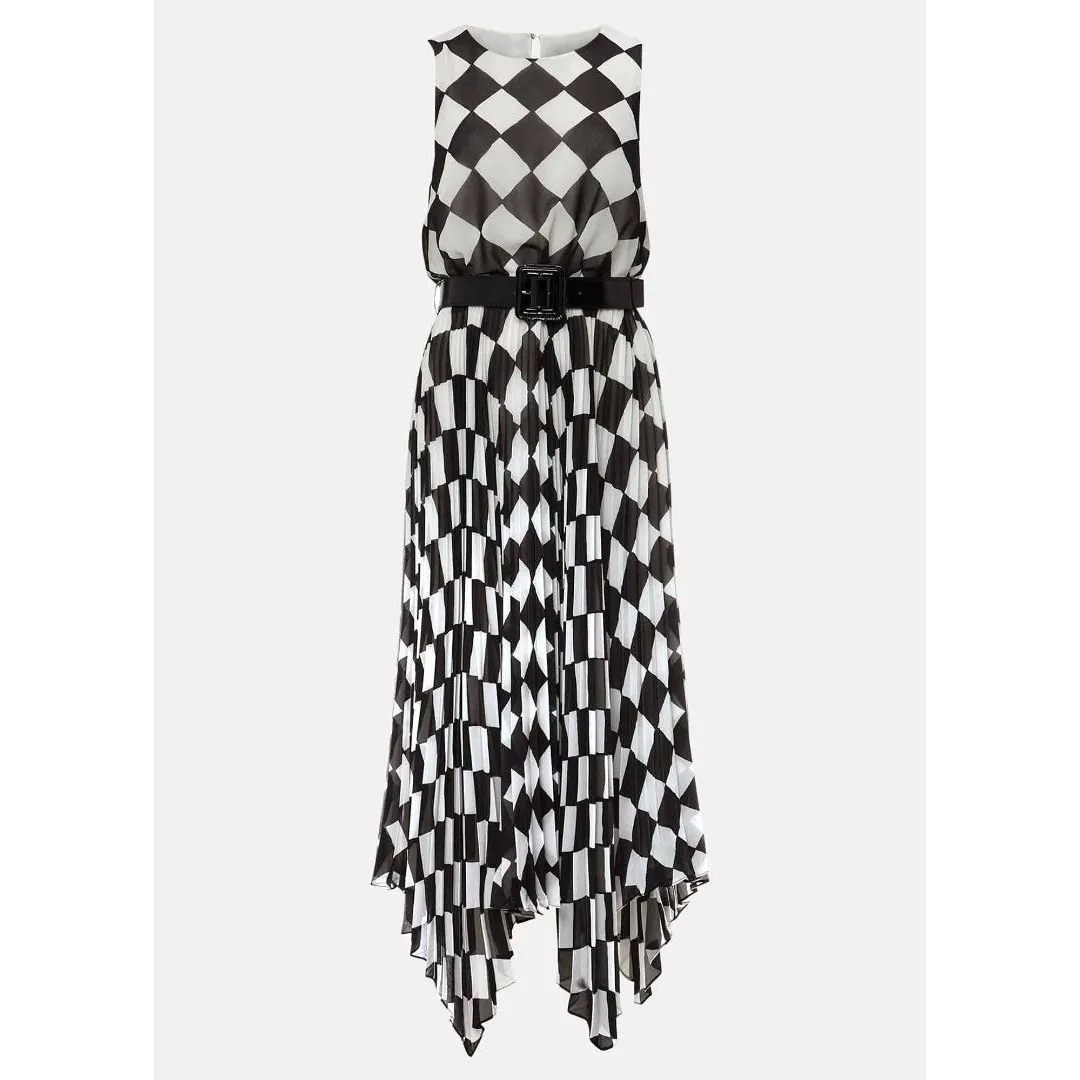 Phase Eight Laurel Checked Pleated Midi Dress - Black/White