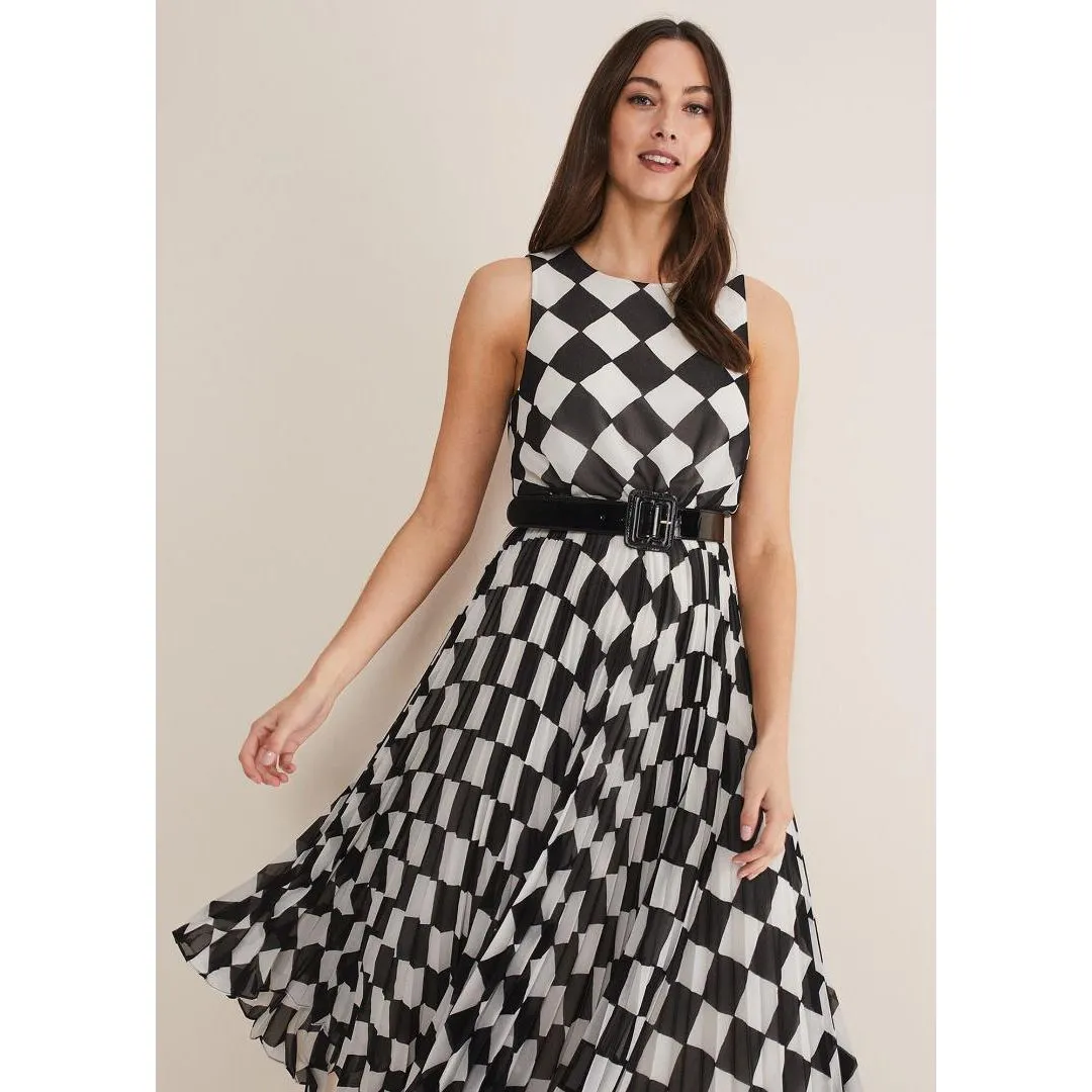 Phase Eight Laurel Checked Pleated Midi Dress - Black/White