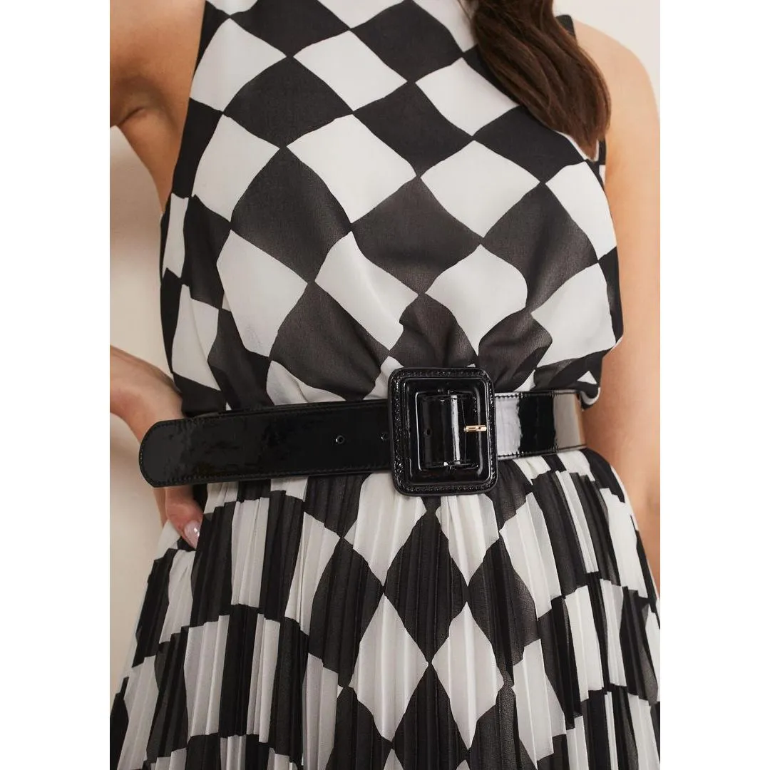 Phase Eight Laurel Checked Pleated Midi Dress - Black/White