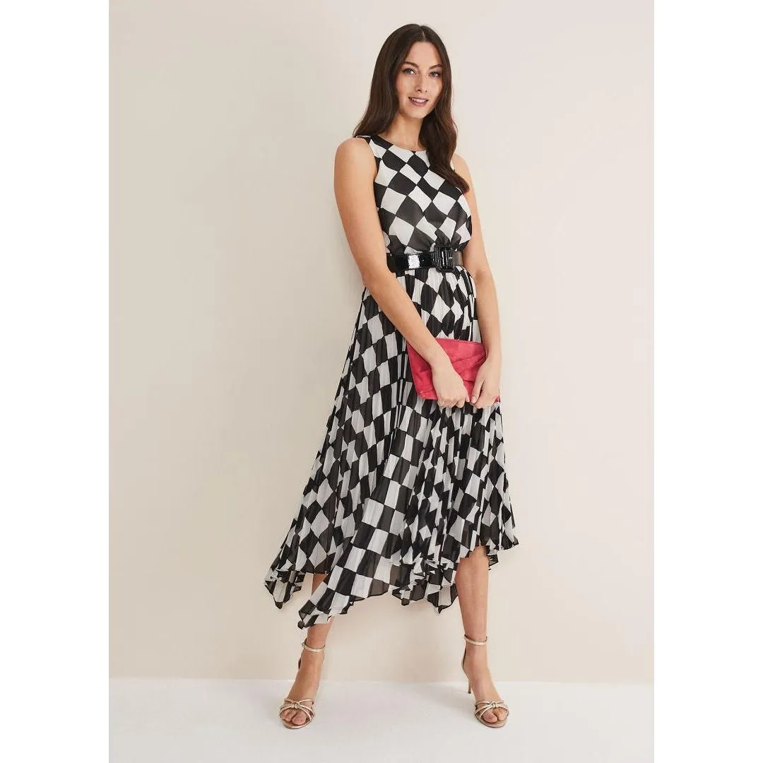 Phase Eight Laurel Checked Pleated Midi Dress - Black/White