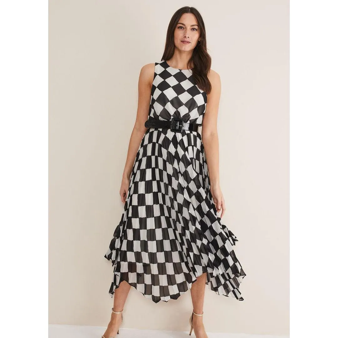 Phase Eight Laurel Checked Pleated Midi Dress - Black/White