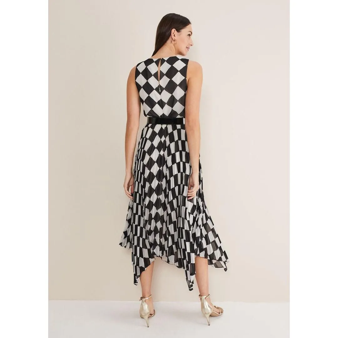 Phase Eight Laurel Checked Pleated Midi Dress - Black/White