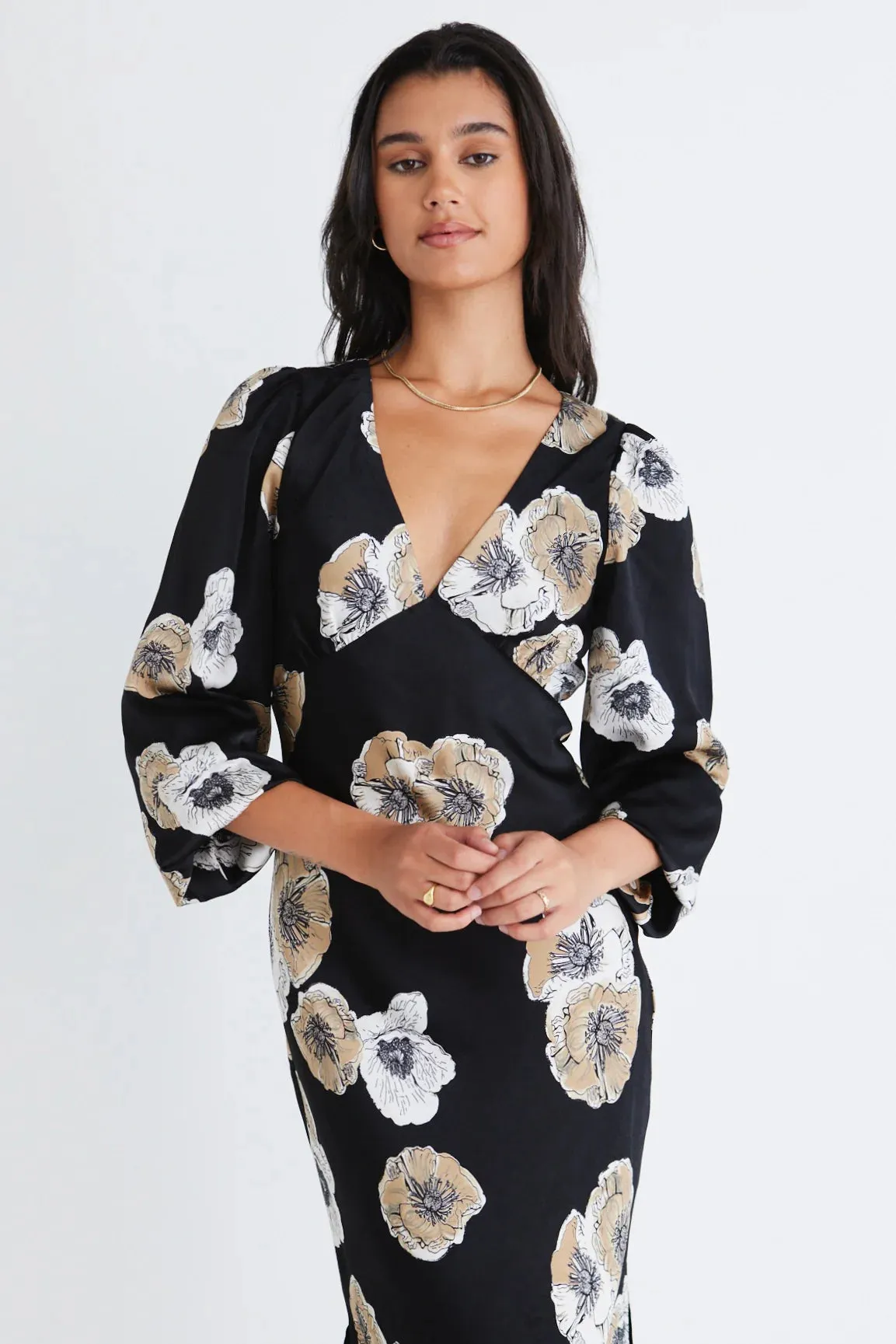 Phoenix Black Floral Satin LS Bias Dress