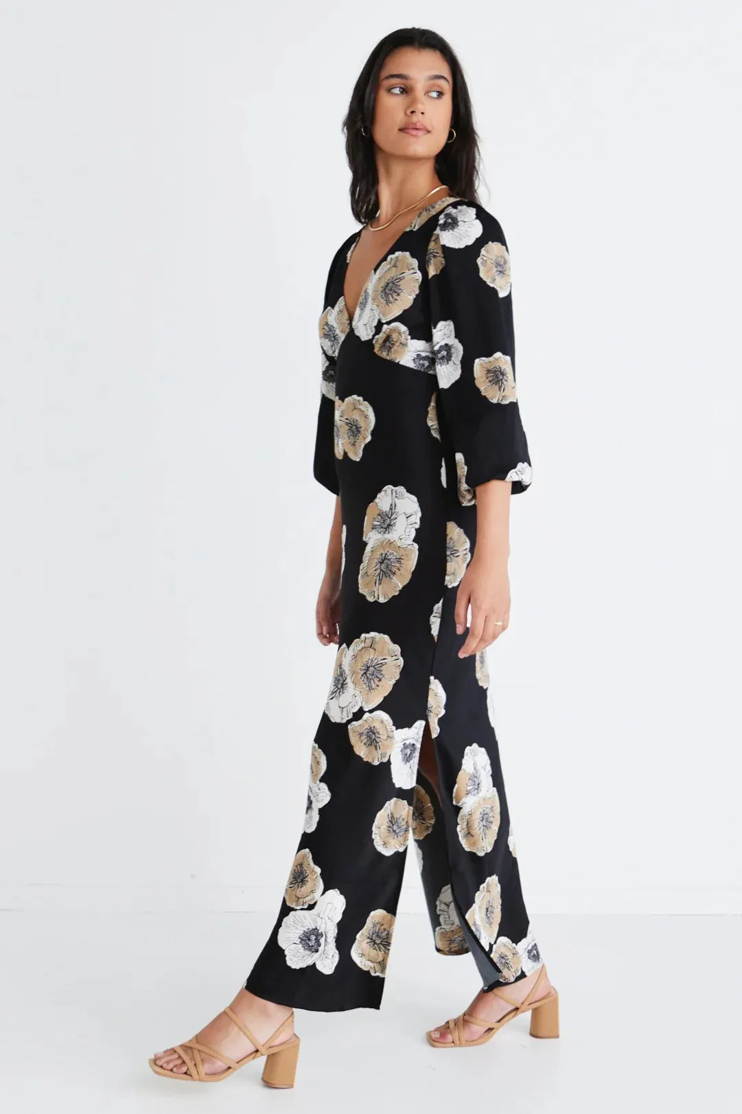 Phoenix Black Floral Satin LS Bias Dress