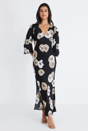 Phoenix Black Floral Satin LS Bias Dress
