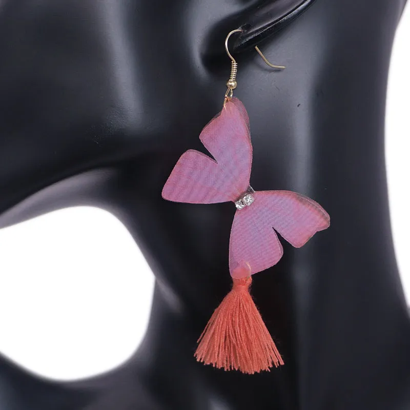 Pink Butterfly Tassel Tulle Earrings