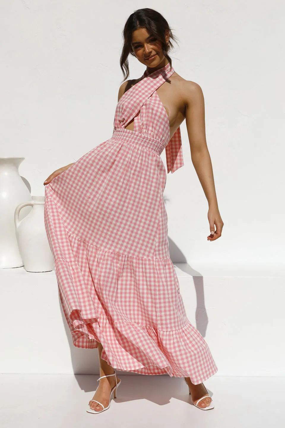Pink Halter Backless Vacation Party Maxi Dresses