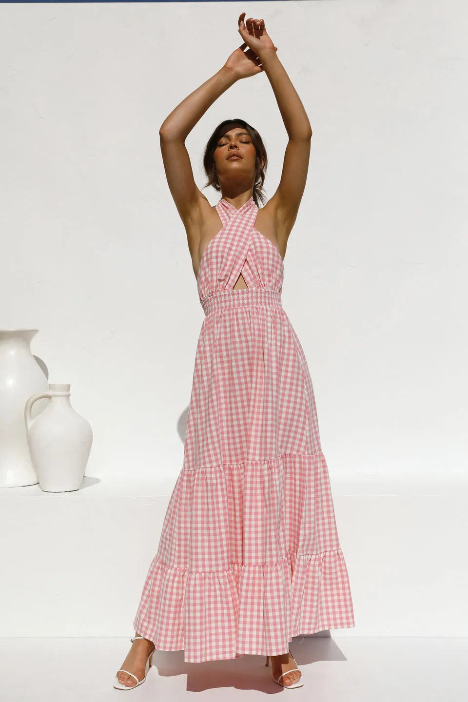 Pink Halter Backless Vacation Party Maxi Dresses