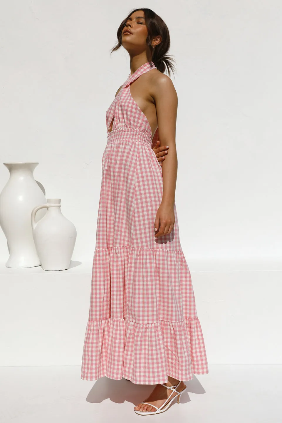 Pink Halter Backless Vacation Party Maxi Dresses