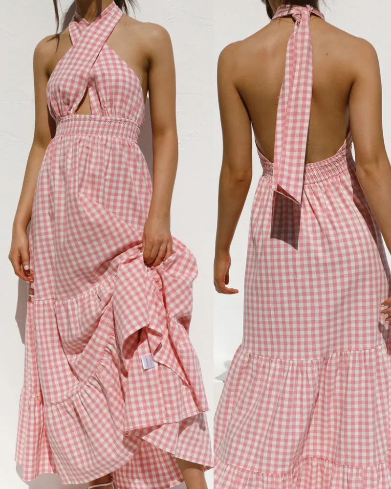 Pink Halter Backless Vacation Party Maxi Dresses