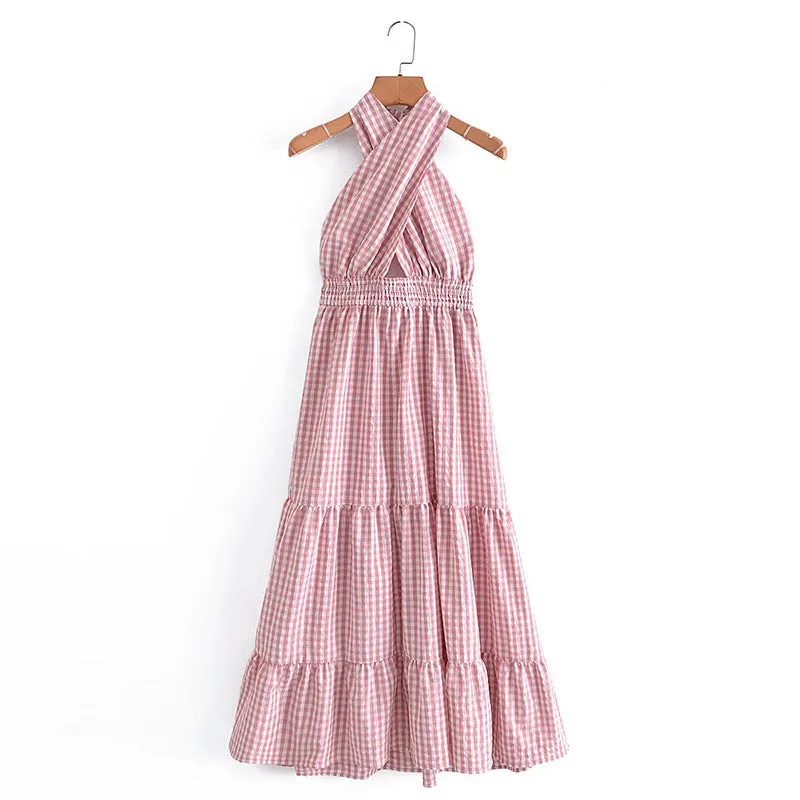 Pink Halter Backless Vacation Party Maxi Dresses