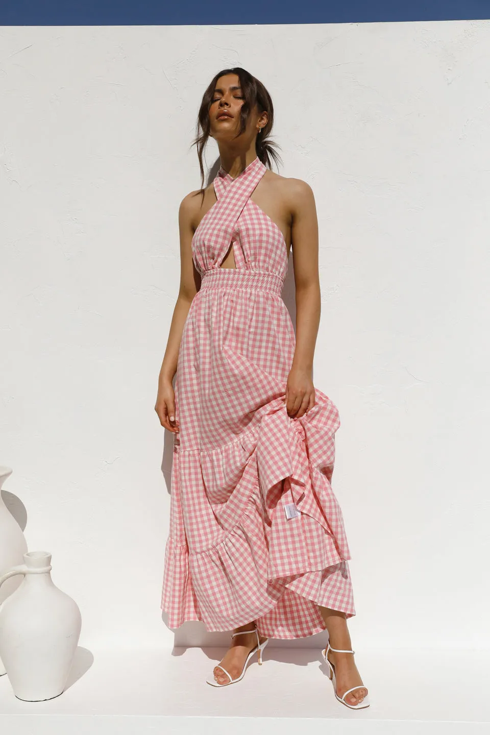 Pink Halter Backless Vacation Party Maxi Dresses