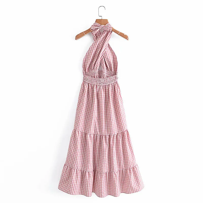 Pink Halter Backless Vacation Party Maxi Dresses