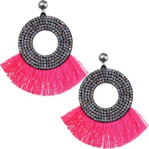 Pink Large Tassel Fan Rhinestone Earrings