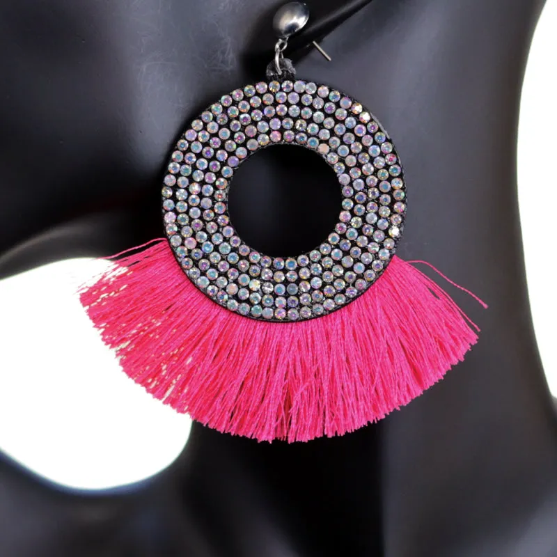Pink Large Tassel Fan Rhinestone Earrings