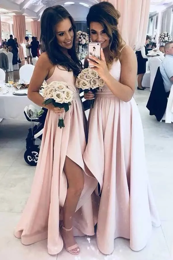 Pink Satin A-line Spaghetti Straps V-neck Bridesmaid Dresses With Side Slit, MBD168