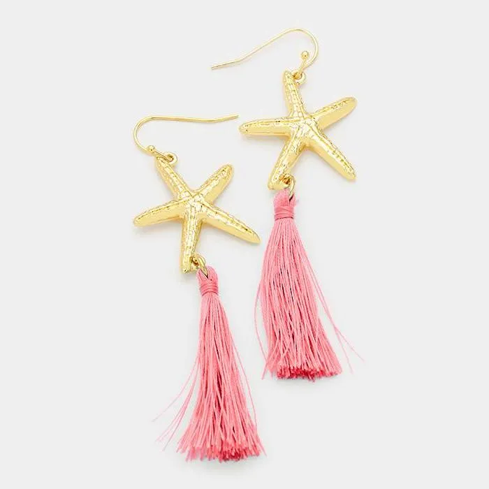 Pink Starfish Tassel Gold Earrings