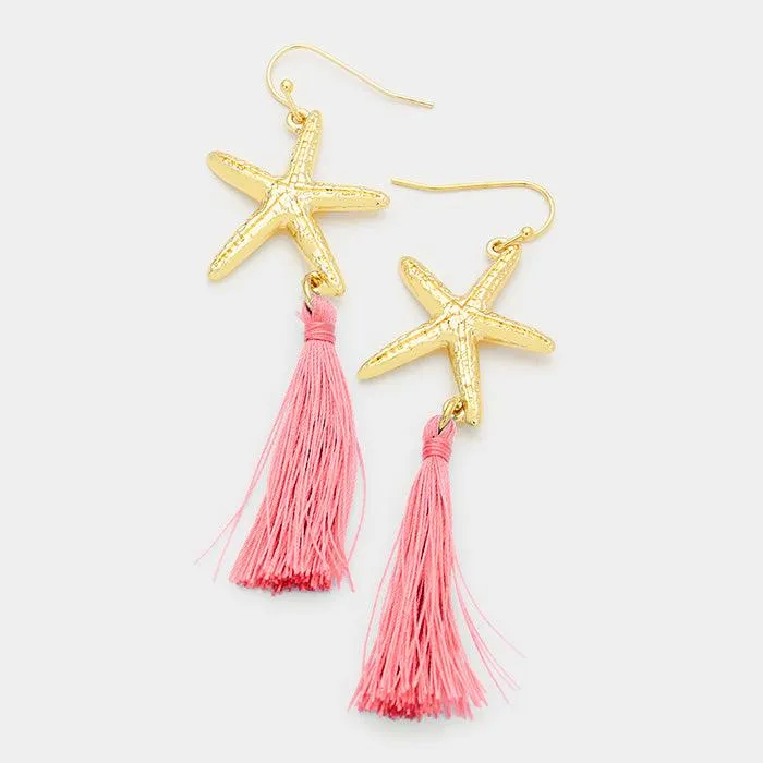 Pink Starfish Tassel Gold Earrings