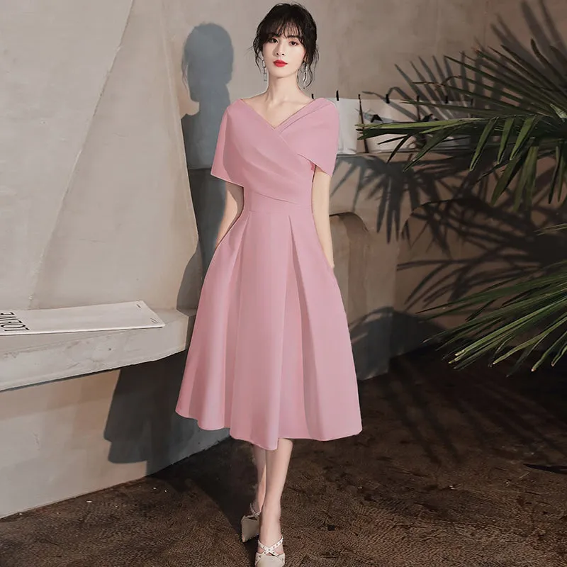 Pink Tea Length Wedding Party Dresses, Pink Bridesmaid Dresses