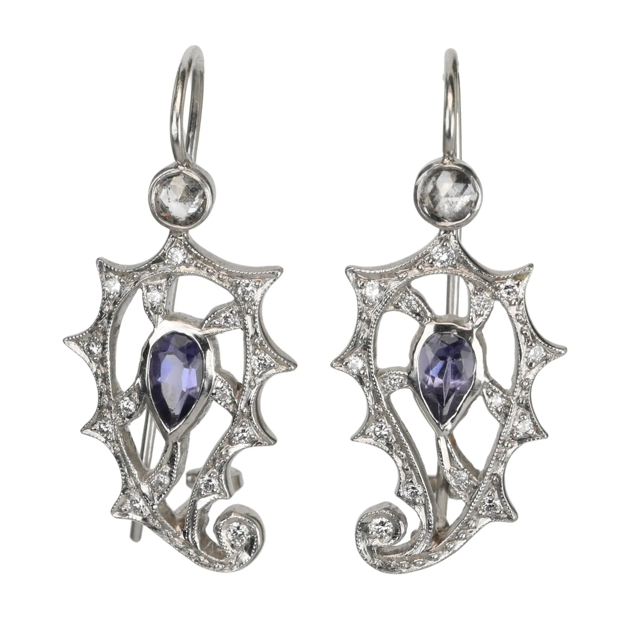 Platinum & Diamond "Paisley" Earrings with Center Pear-Shaped Iolites