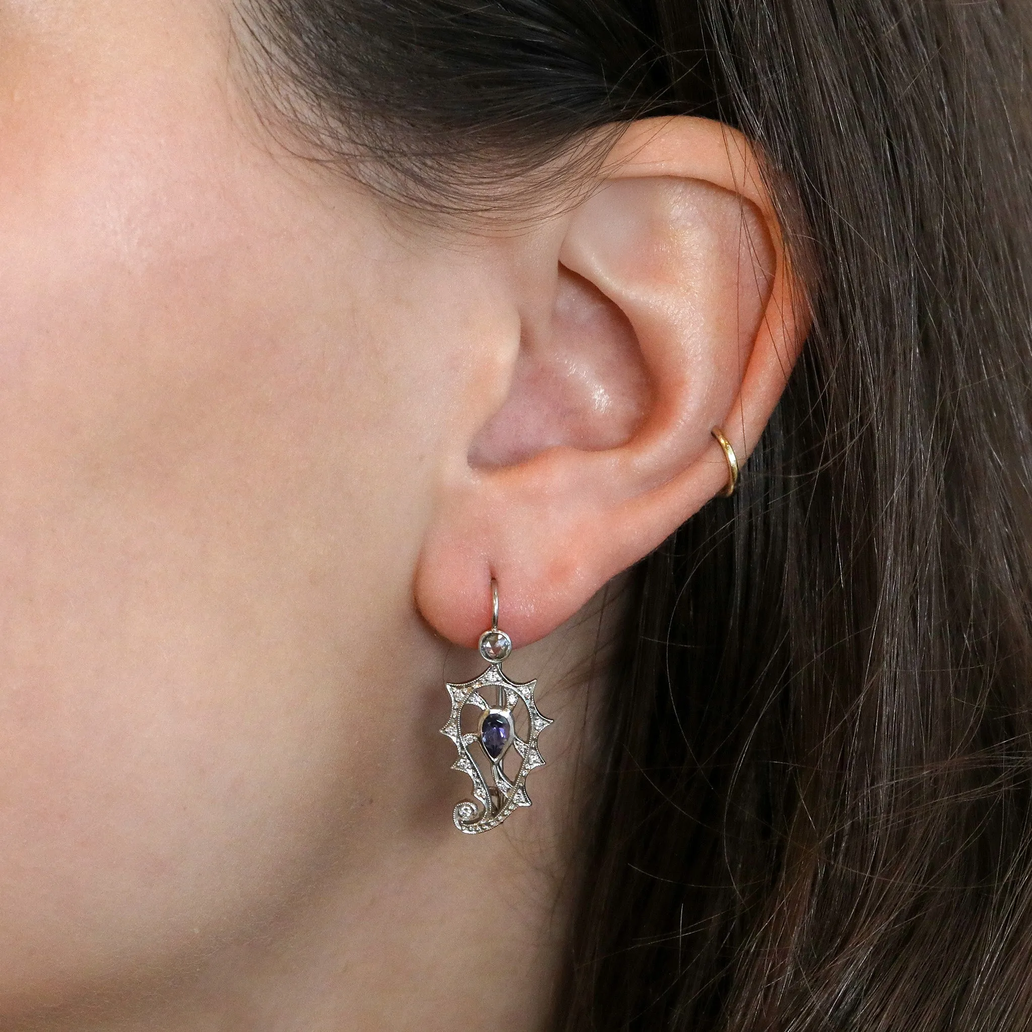 Platinum & Diamond "Paisley" Earrings with Center Pear-Shaped Iolites
