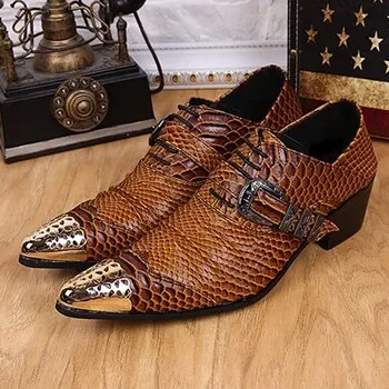 Plus Size Luxury Alligator Pointed Toe Man Metal Tipped Oxfords
