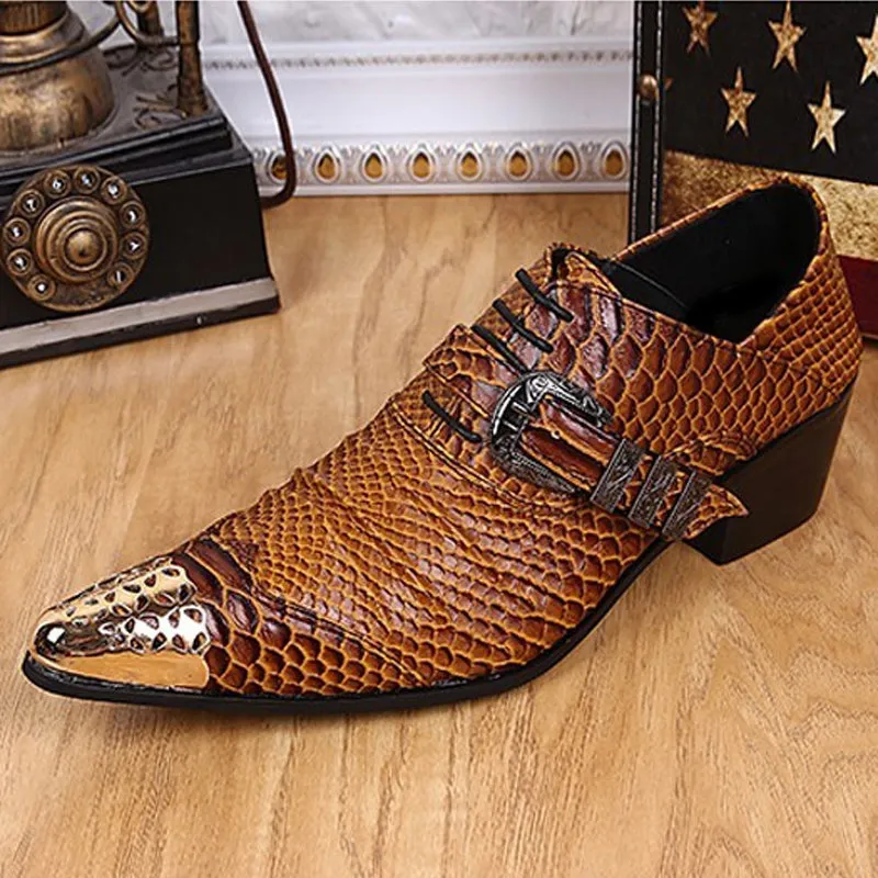 Plus Size Luxury Alligator Pointed Toe Man Metal Tipped Oxfords