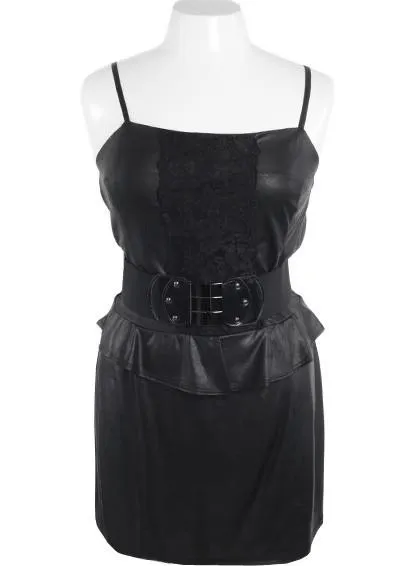 Plus Size Sexy Lace Belt Satin Ruffle Black Dress