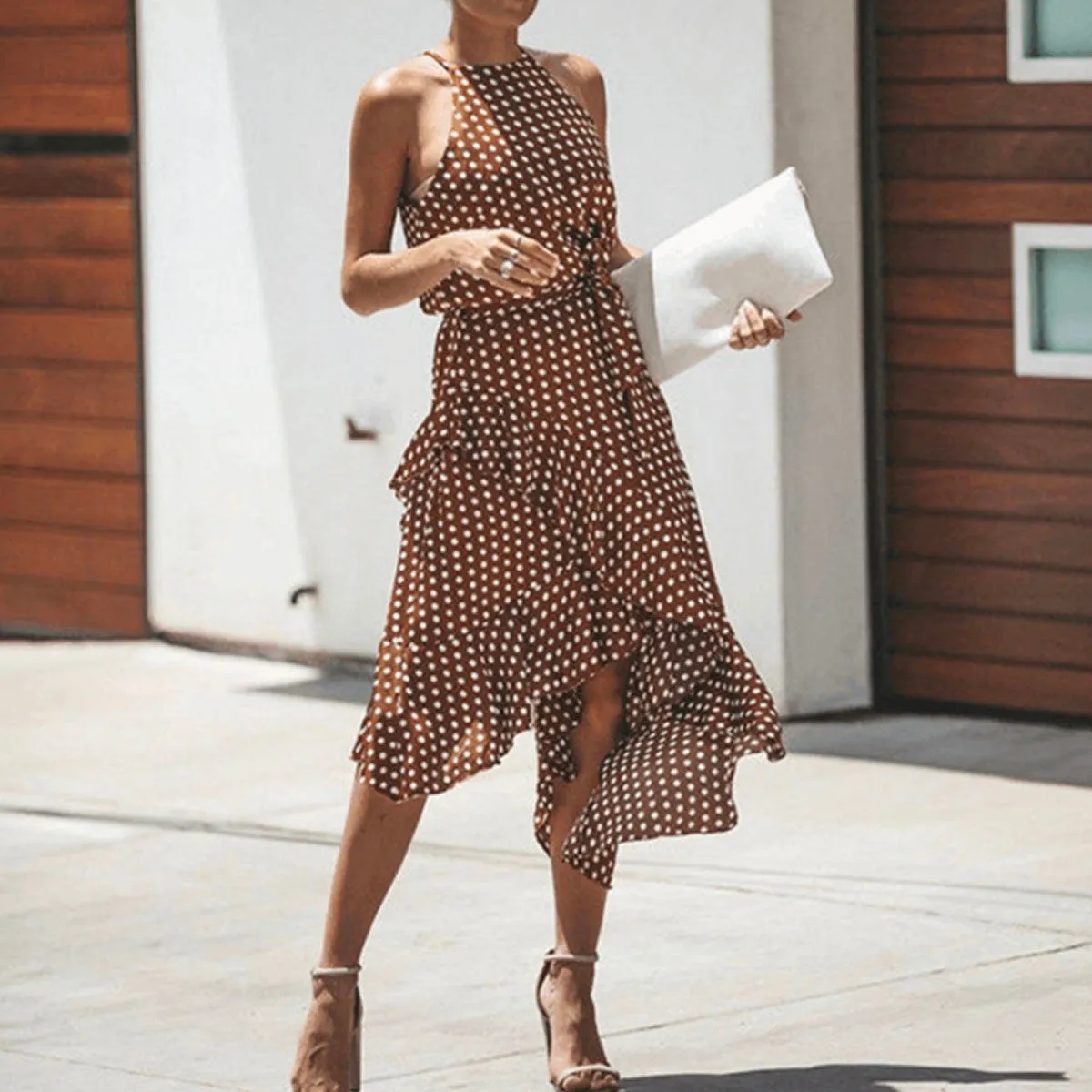Polka Dot Print Lace-up Irregular Maxi Dress