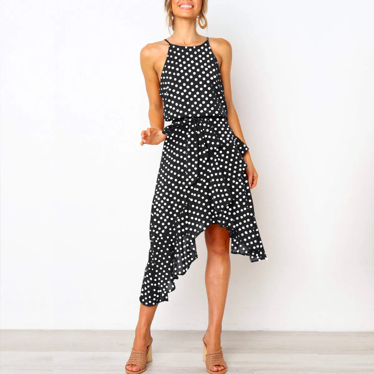 Polka Dot Print Lace-up Irregular Maxi Dress