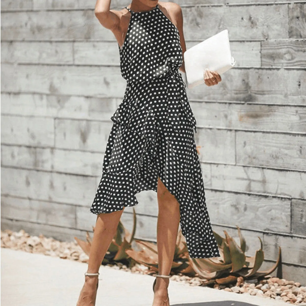 Polka Dot Print Lace-up Irregular Maxi Dress