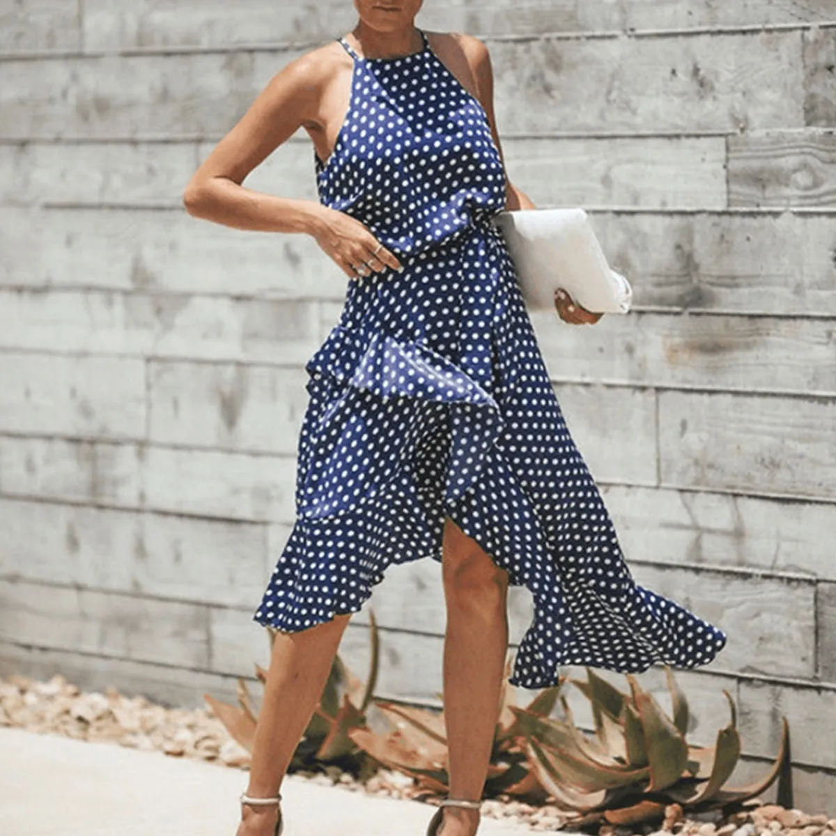 Polka Dot Print Lace-up Irregular Maxi Dress