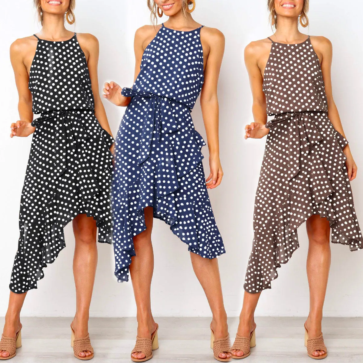 Polka Dot Print Lace-up Irregular Maxi Dress