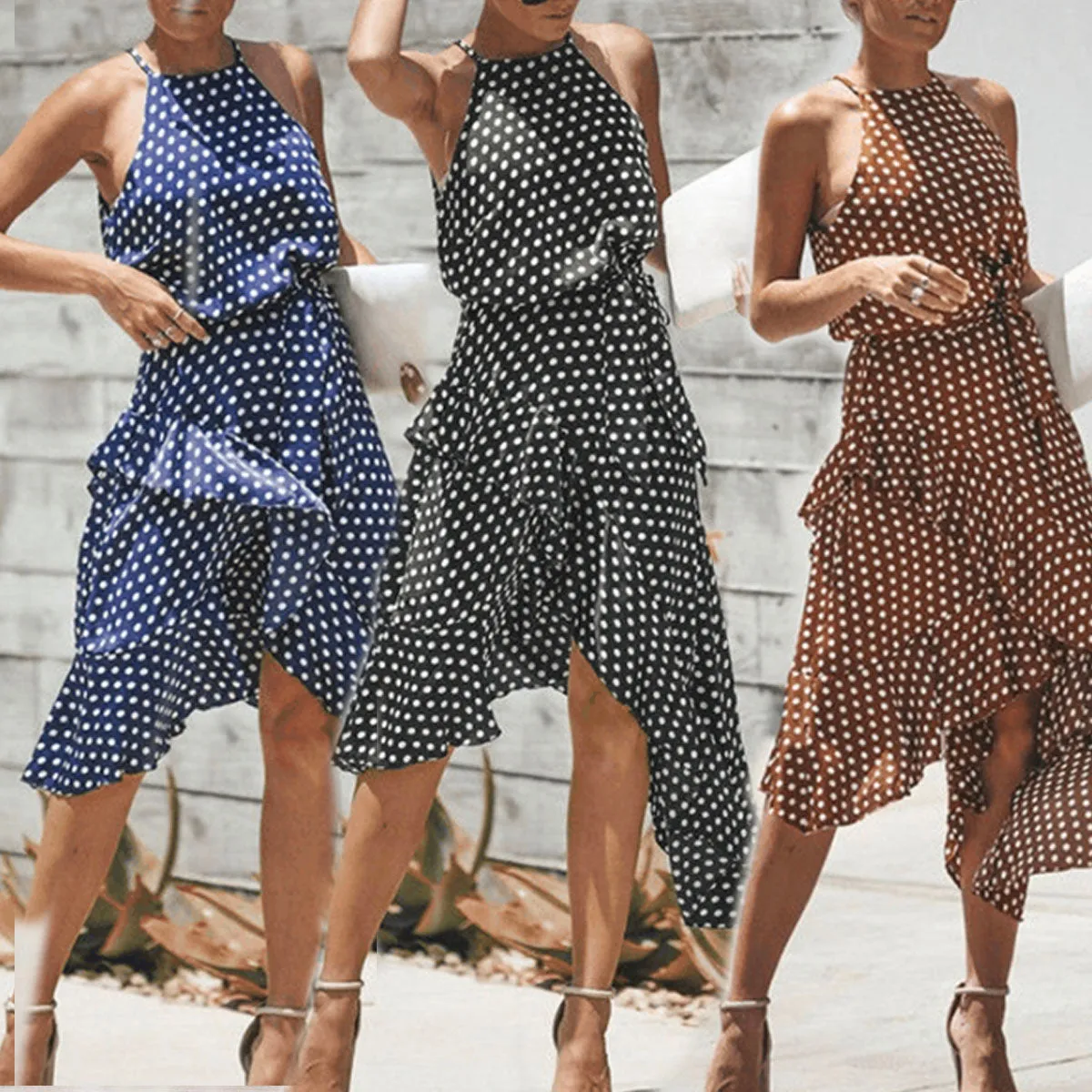 Polka Dot Print Lace-up Irregular Maxi Dress