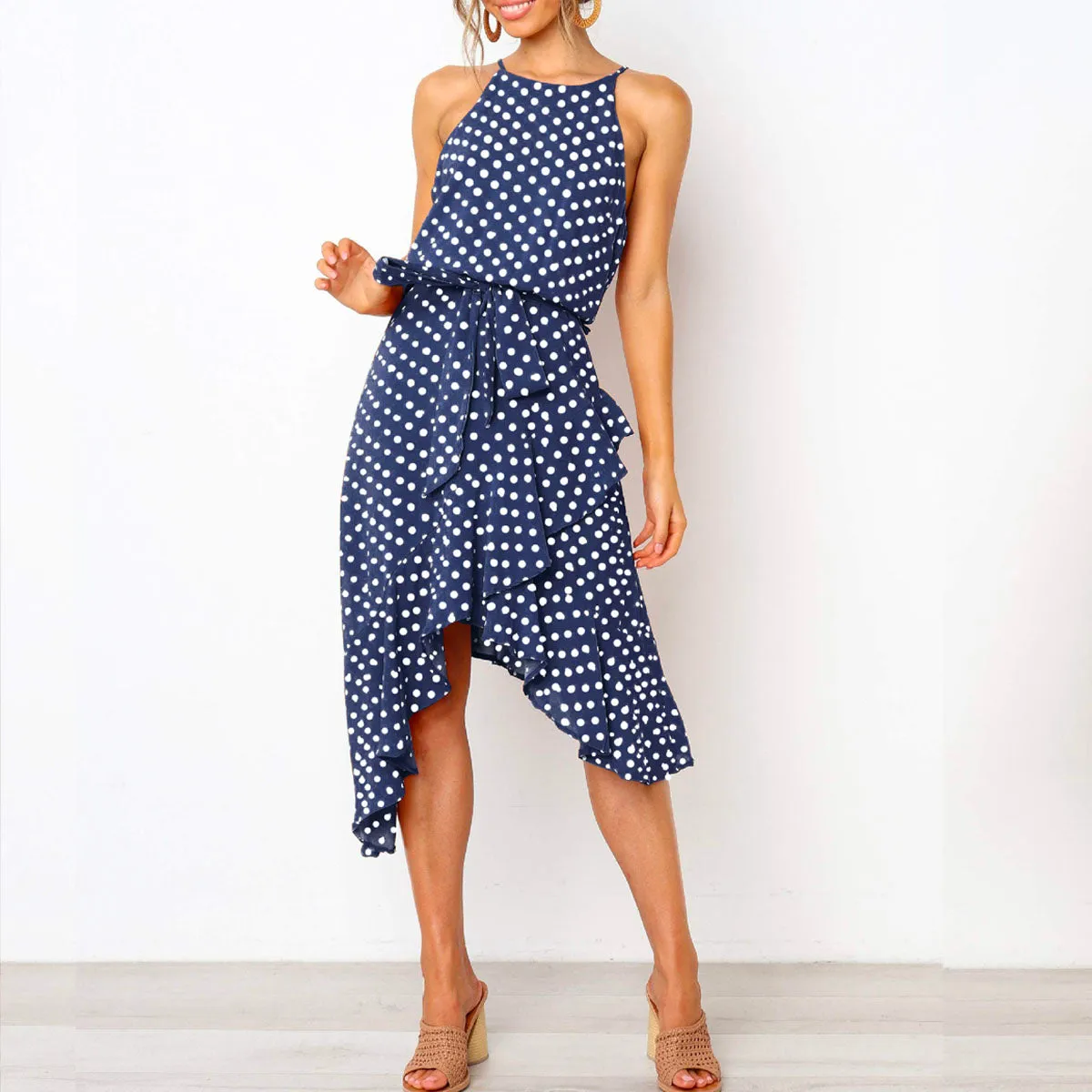 Polka Dot Print Lace-up Irregular Maxi Dress