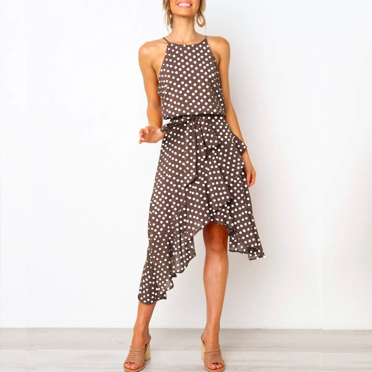 Polka Dot Print Lace-up Irregular Maxi Dress