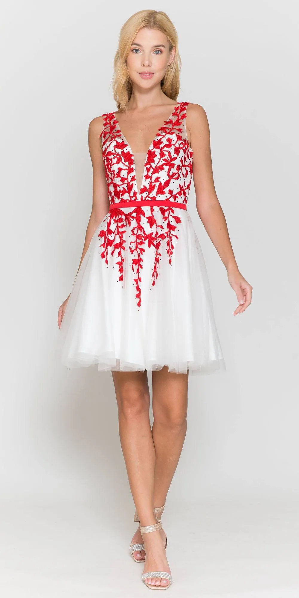Poly USA 8696 Sleeveless Mesh V-Neck And V-Back Flower Detail Short Dress