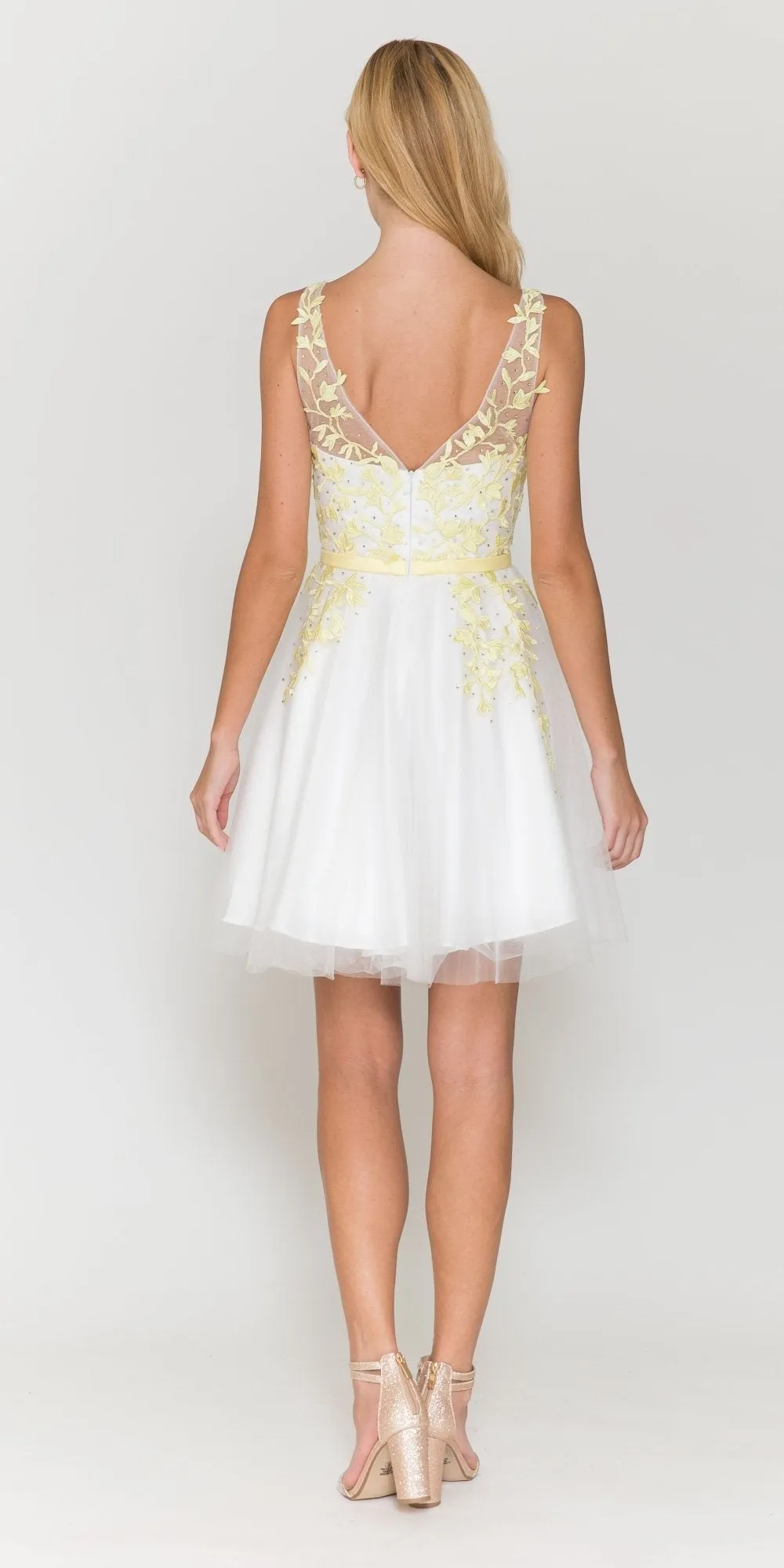 Poly USA 8696 Sleeveless Mesh V-Neck And V-Back Flower Detail Short Dress