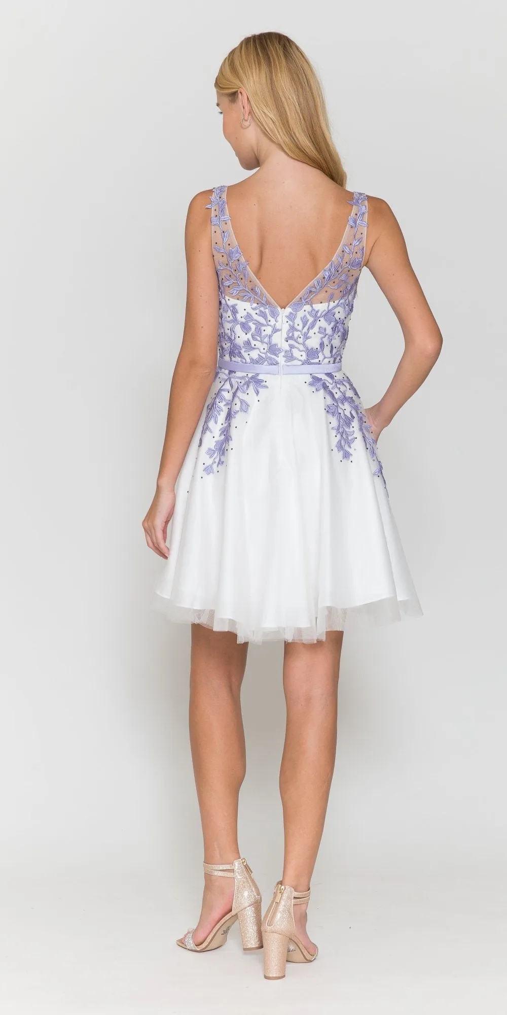 Poly USA 8696 Sleeveless Mesh V-Neck And V-Back Flower Detail Short Dress