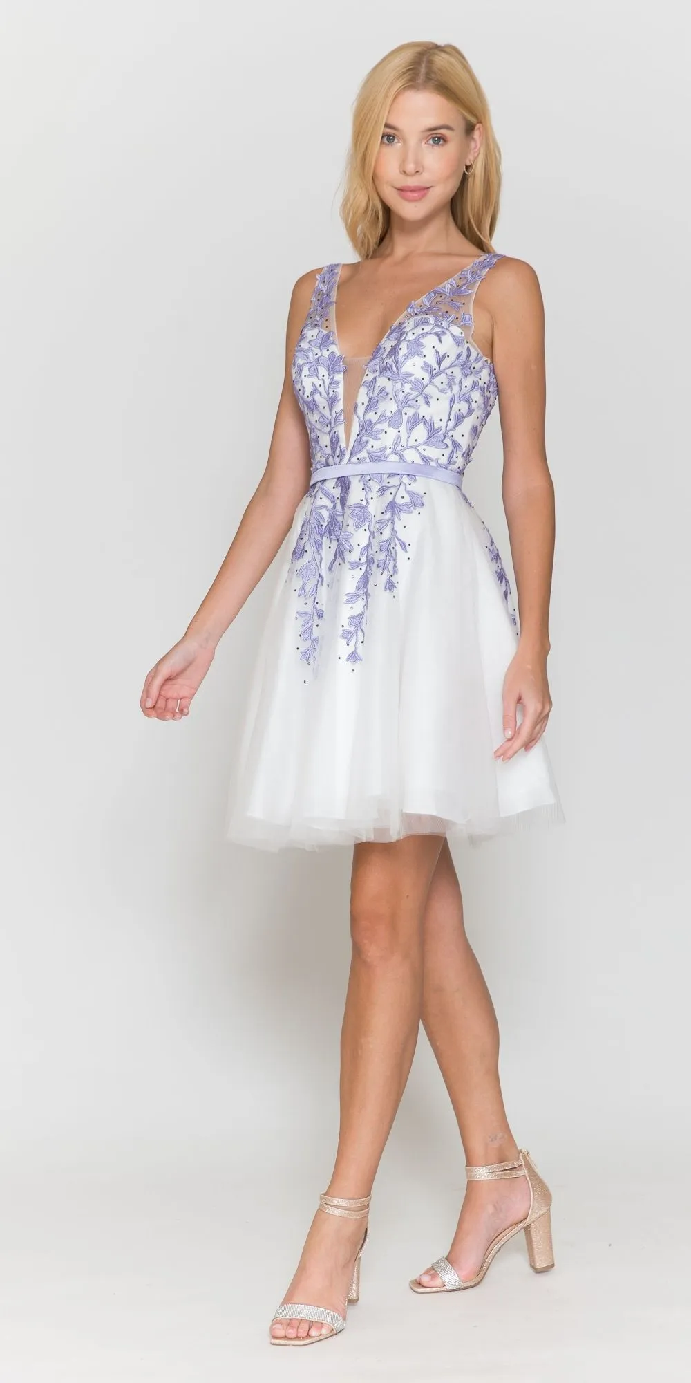 Poly USA 8696 Sleeveless Mesh V-Neck And V-Back Flower Detail Short Dress