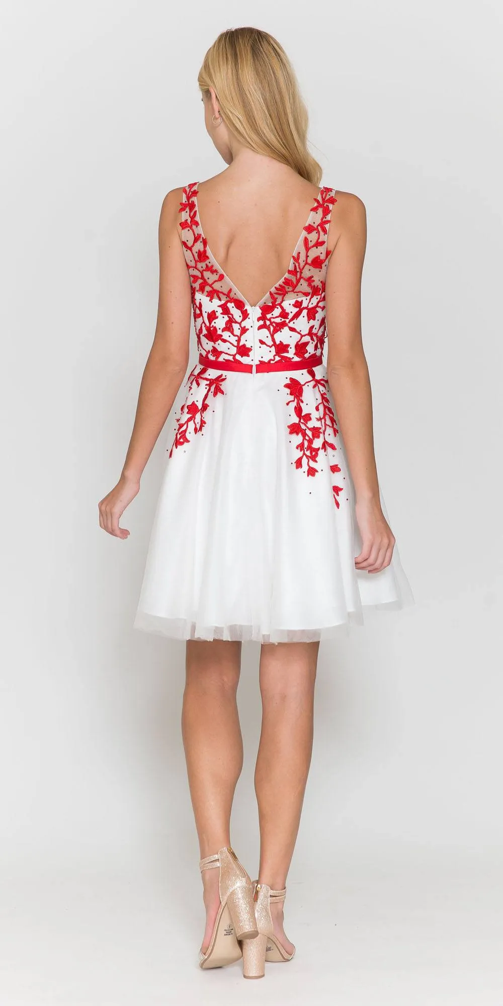 Poly USA 8696 Sleeveless Mesh V-Neck And V-Back Flower Detail Short Dress