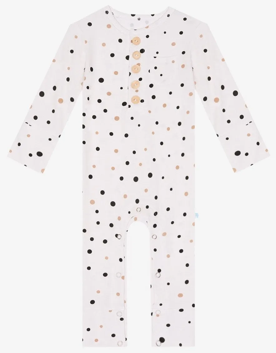 Posh Peanut Jamie Polka Dot Henley Button Romper with Pocket