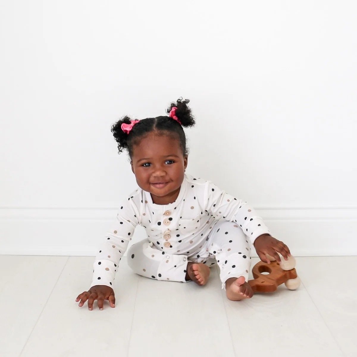Posh Peanut Jamie Polka Dot Henley Button Romper with Pocket