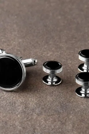 Premium Onyx Triple Rim Silver Studs and Cufflinks Set