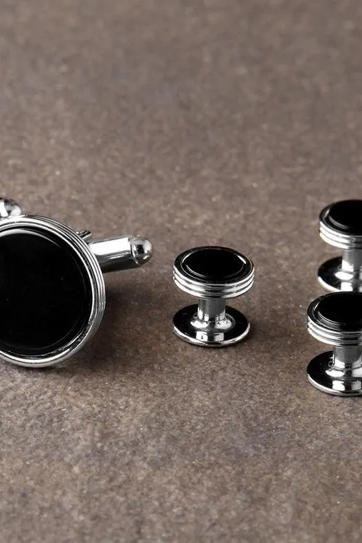 Premium Onyx Triple Rim Silver Studs and Cufflinks Set