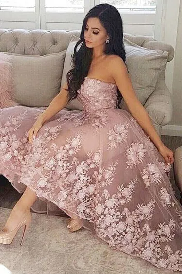 Princess A-Line Sweetheart Blush Homecoming Dresses with Lace Appliques OKC36