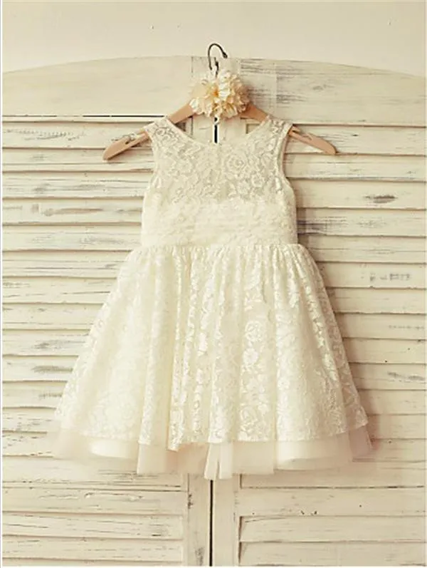 Princess Lace Scoop Ruffles Flower Girl Dresses Tea-Length