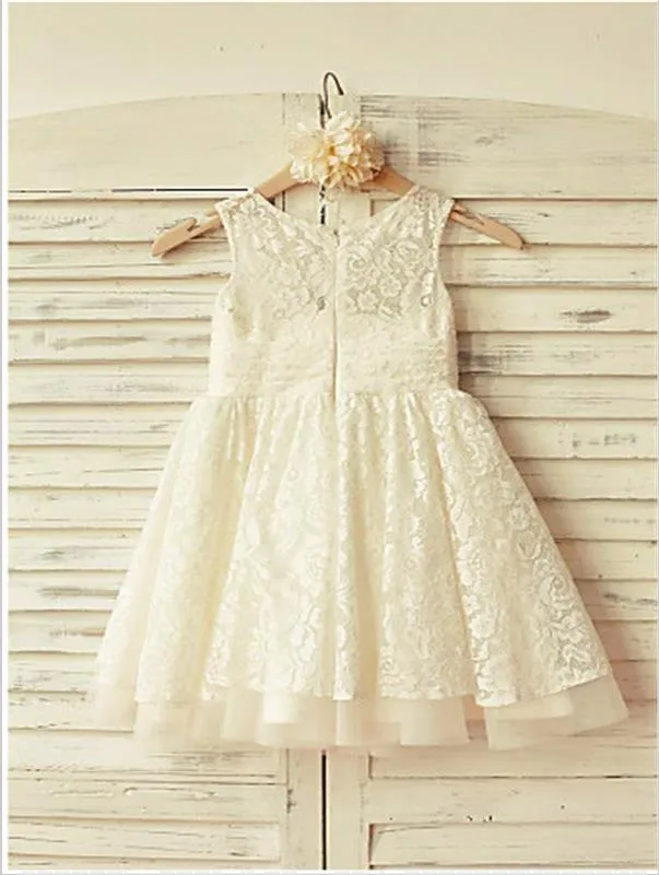 Princess Lace Scoop Ruffles Flower Girl Dresses Tea-Length