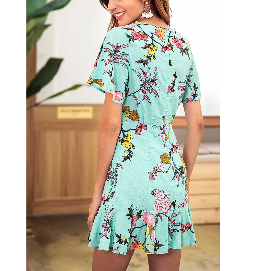 Printed Round Neck Short-sleeved Beach Holiday Dress