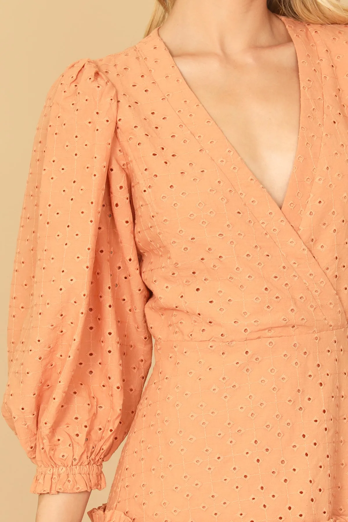 PUFF SLEEVE WRAP EYELET RUFFLE HEM MINI DRESS